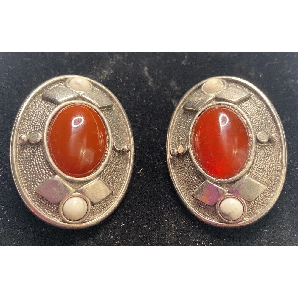 Statement Earrings Clip-On Silver Tone Large Oval Faux Amber Stone Western Wear